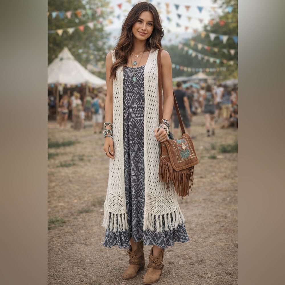 Boho Cream Crochet Fringe Duster Vest Festival Western Hippie Layering